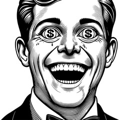 Fototapeta premium man with excited expression and dollar signs in his eyes, symbolizing greed or financial ambition sketch engraving generative ai PNG illustration. Scratch board imitation. Black and white image.