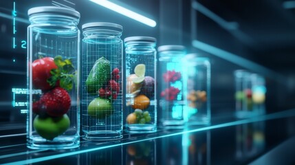 A futuristic display of jars containing fresh fruits and vegetables, showcasing a blend of technology and healthy eating.
