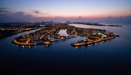 Naklejka premium Luminous island city at dusk serene waters reflecting city lights