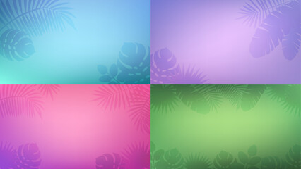 Horizontal banner with tropical leaves shadow, set of purple, turquoise, pink and green background. Frame of palm tree and monstera leaves. Vector HD template with copy space for summer design.