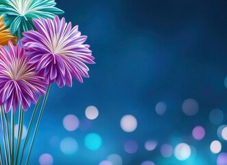 Obraz premium Colorful flowers with vibrant petals stand against soft blue background, creating cheerful and lively atmosphere. bokeh effect adds dreamy touch to scene