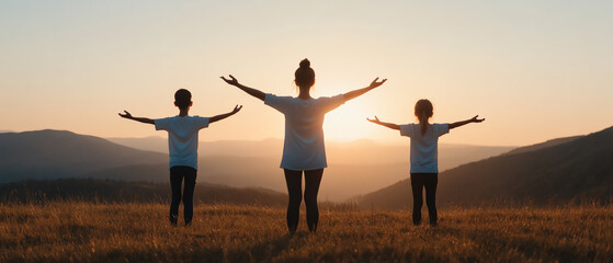 Fototapeta premium Silhouetted figures enjoying a sunset in a serene landscape, arms wide open, embracing nature's beauty and tranquility.