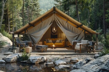 A glamping setup with a luxury tent, comfortable furniture