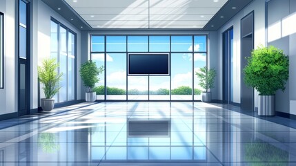 Fototapeta premium A modern, bright office space with large windows, plants, and a TV, ideal for meetings or presentations.
