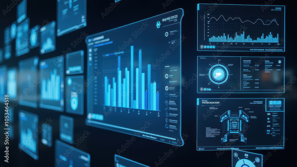 Poster futuristic dashboard with data visualizations and charts