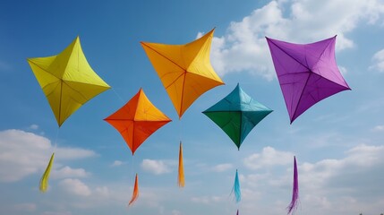 Colorful Kites Flying in Blue Sky with White Clouds