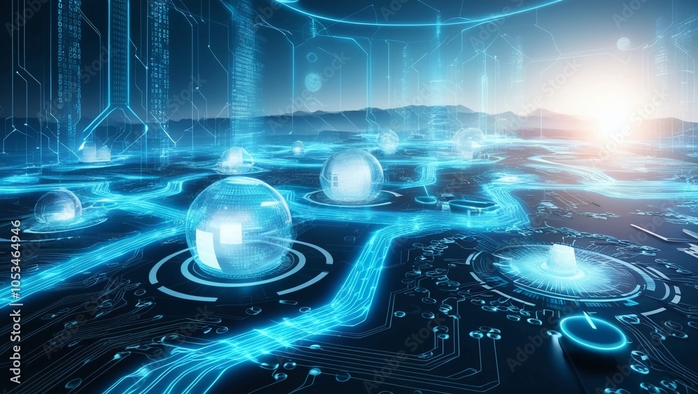 Poster  Futuristic digital landscape with glowing blue data streams and advanced tech elements, representing a global network or digital communication infrastructure in a high-tech setting