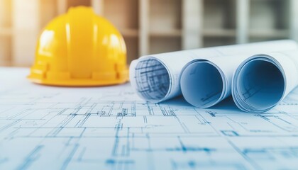 Closeup of blueprints and technical drawings spread on a construction table, civil engineering planning, detailed design work