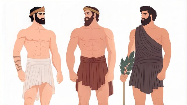 Ancient Greek Warriors in Traditional Attire Holding Laurels