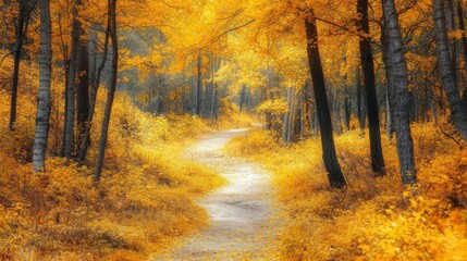 Fototapeta premium Pathway through a forest with yellow leaves