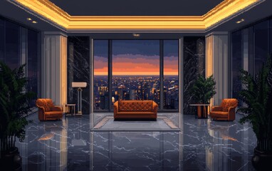 Fototapeta premium A stylish interior with a view of a city skyline at sunset, featuring elegant furniture and plants.