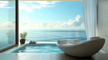 Fototapeta premium Oceanview Luxury Spa Retreat: Tranquil indoor pool with stunning ocean backdrop. Serene escape, relaxation, and rejuvenation. 