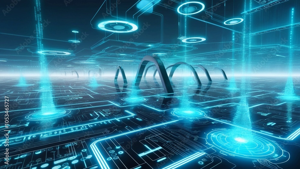 Poster futuristic digital landscape with glowing blue data streams and advanced tech elements, representing