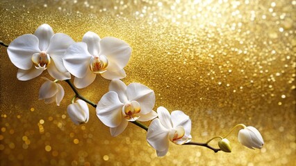 White orchids branch on shiny gold background high angle view © Kingphet