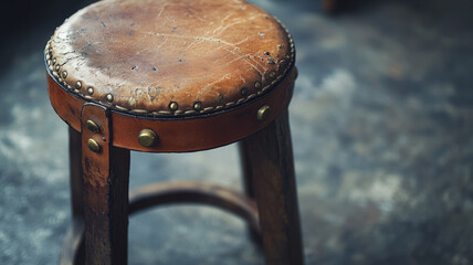 A worn leather and wood stool on a textured floor.