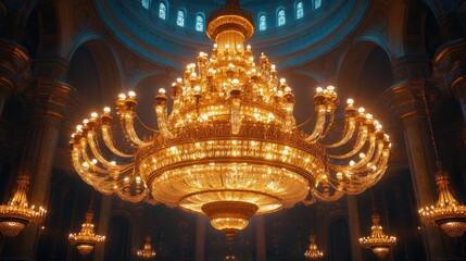 Obraz premium A large, ornate chandelier hangs from the ceiling of a grand building.