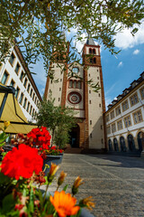 Red flowers bloom at grand stone cathedral of Wurzburg, Germany