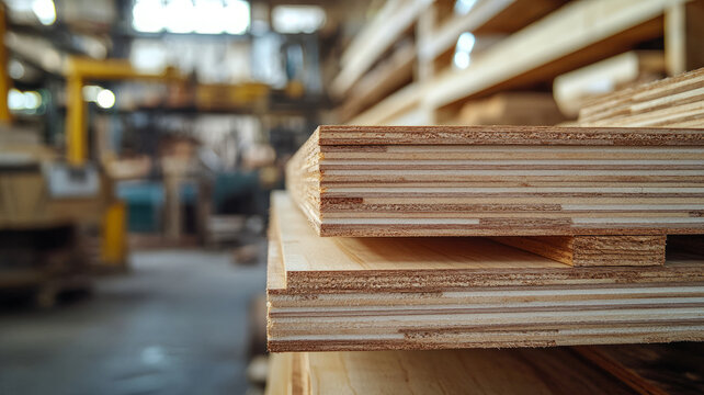 Stack of plywood in a woodworking workshop.
