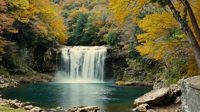 A serene waterfall cascades into a calm pool surrounded by vibrant autumn foliage