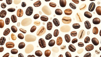 A seamless pattern of coffee beans in various colors.