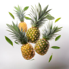 Pineapple fruits with leaves floating or flying isolated white background