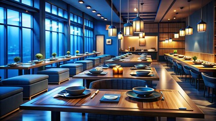 Trendy Sushi Restaurant with Deep Sea Blue Decor and Minimalist Furniture in a Relaxing Ambiance - Tilt-Shift Photography for Modern Dining Experience