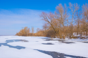 Fototapeta premium winter frozen snowbound river with forest on coast, winter outdoor landscape