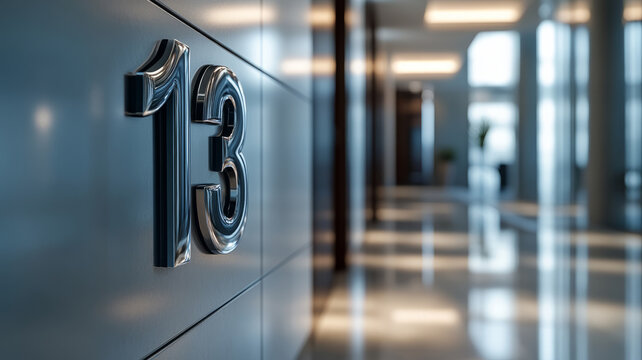 Metallic number 13 on a modern office wall.
