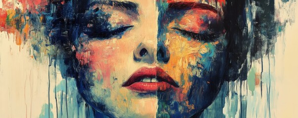 Abstract Woman Portrait: A close-up portrait of a woman with closed eyes, rendered in vibrant abstract watercolor. The painting captures the beauty of human expression.