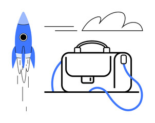 Blue rocket taking off beside a business briefcase with a connected power cord under a cloud. Ideal for technology, business, innovation, startup, career growth, entrepreneurship, and future