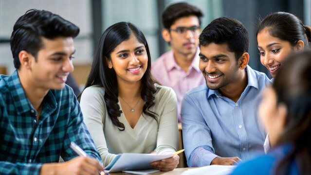 Indian students engaged in a lively discussion during a class.
