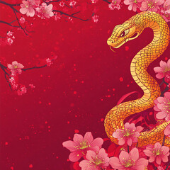 Obraz premium A vibrant snake coiled among delicate cherry blossoms against a rich red background