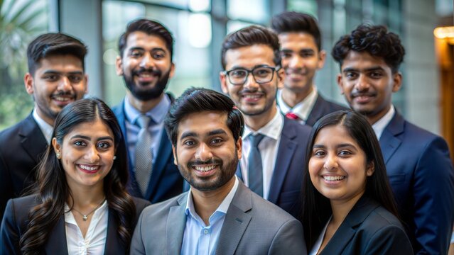 A diverse group of Indian MBA students posing for a photo.
