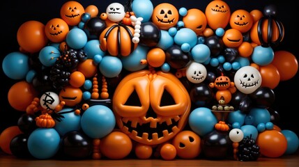 Fototapeta premium big pumpkin face with light blue balloons, orange balloons, black balloons
