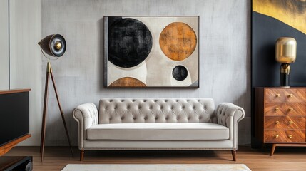 A modern media room with a velvet sofa