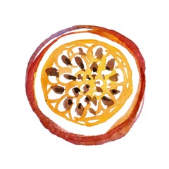A vibrant, handcrafted illustration of a cross-section of passion fruit, showcasing its unique textures and rich colors. Perfect for culinary or tropical themes.
