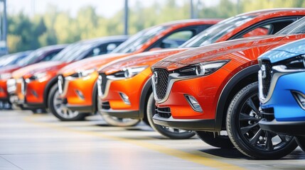 New Cars Parked in a Row at Dealership. Automotive Industry, Vehicle Shipment, Trade Show