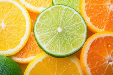 Fototapeta premium Colorful citrus slices arranged in an appealing, overlapping pattern, showcasing the juicy textures and vibrant hues of limes, lemons, and oranges