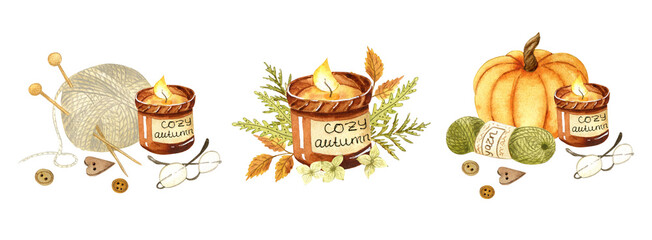 Watercolor cozy autumn illustration. Set of pumpkin, yarn balls, candle in jar, knitted socks, cup of tea. Hand painted element for handmade design.