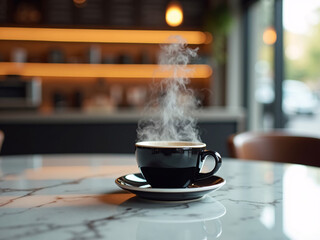 coffee cup, latte art heart, marble countertop, modern kitchen blurred background, cozy atmosphere