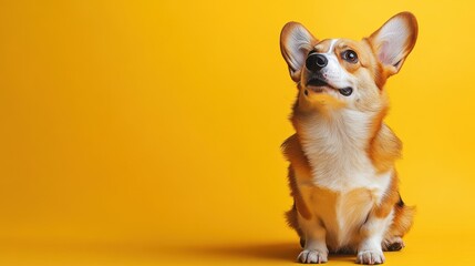 A small dog with brown and white fur is sitting on a yellow background. Generative AI