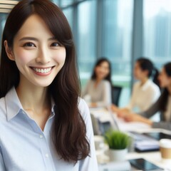 Obraz premium Professional woman smiling in modern office during a team meeting with colleagues discussing projects and collaborating on ideas
