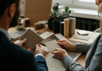 Interior designer showing fabric and material samples to customer in a showroom, discussing design choices for a renovation project