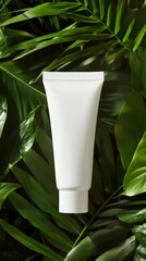 Minimalist Beauty Product on Lush Green Leaves Background