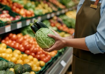 Shop consultant holding fresh cabbage and zucchini while working in supermarket