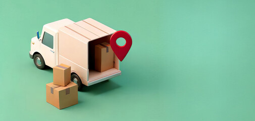 A small delivery truck with open back displaying boxes and a location pin against a light green background.