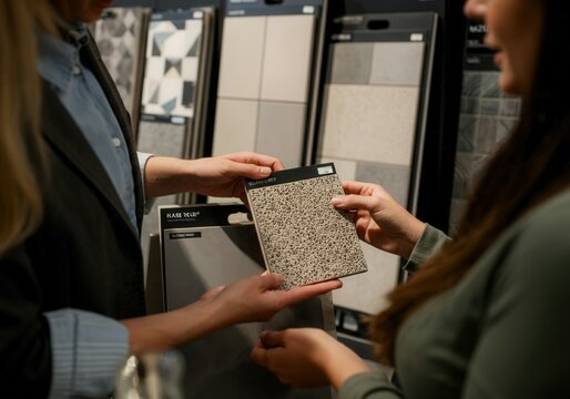 Interior designer showing ceramic tile samples to customer in a showroom