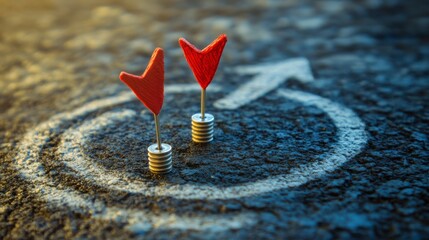 Circular Progress: Two red arrows on a dark asphalt surface, embedded in a chalk-drawn circular target, symbolize continuous improvement and cyclical growth.  