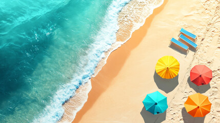 Obraz premium Beach with vibrant umbrellas and sun loungers