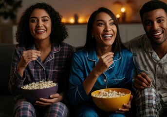 Happy friends are sitting on sofa at home, wearing pajamas, eating popcorn and watching a movie